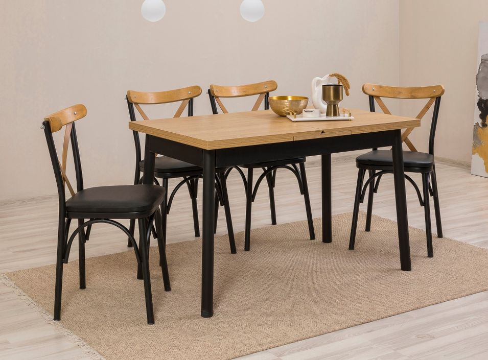 Ensemble 1 table extensible 4 chaises et 1 banc naturel et noir Kontante - Photo n°2