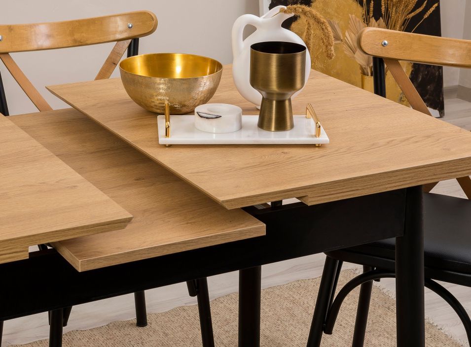 Ensemble 1 table extensible 4 chaises et 1 banc naturel et noir Kontante - Photo n°3