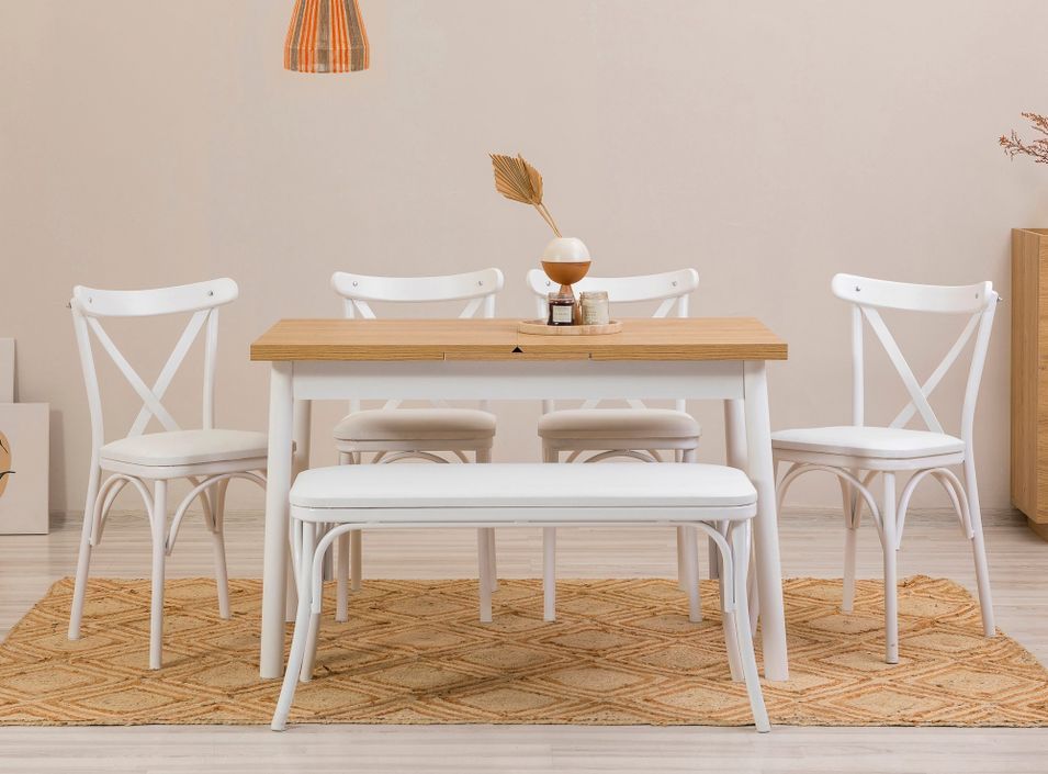 Ensemble 1 table extensible bois naturel et blanc 4 chaises 1 banc bois blanc Kontante - Photo n°1
