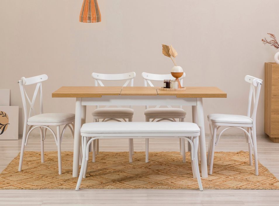 Ensemble 1 table extensible bois naturel et blanc 4 chaises 1 banc bois blanc Kontante - Photo n°2