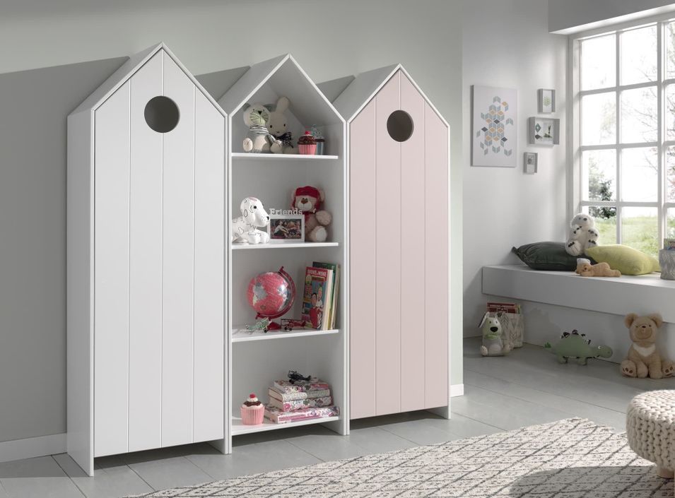 Ensemble 2 armoires enfant blanc & rose et 1 bibliothèque bois laqué blanc Camila - Photo n°1