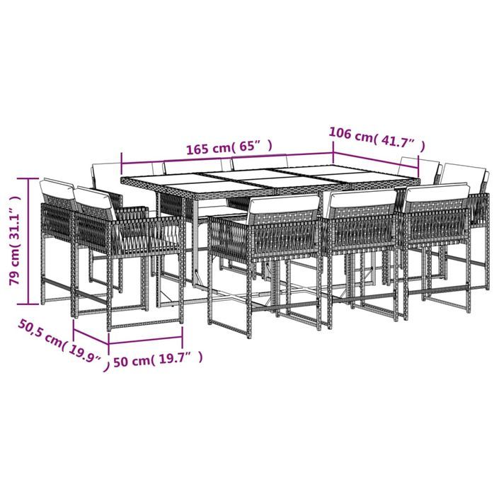 Ensemble à manger de jardin 11pcs avec coussins gris poly rotin - Photo n°5