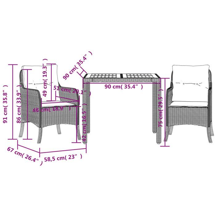 Ensemble à manger de jardin 3 pcs coussins gris résine tressée - Photo n°7