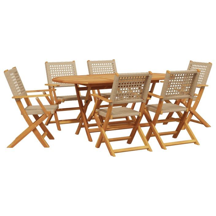 Ensemble à manger de jardin 7 pcs beige rotin et bois massif - Photo n°2