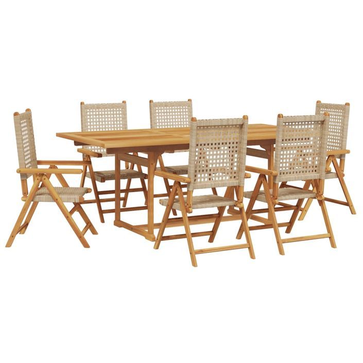 Ensemble à manger de jardin 7 pcs beige rotin et bois massif - Photo n°2