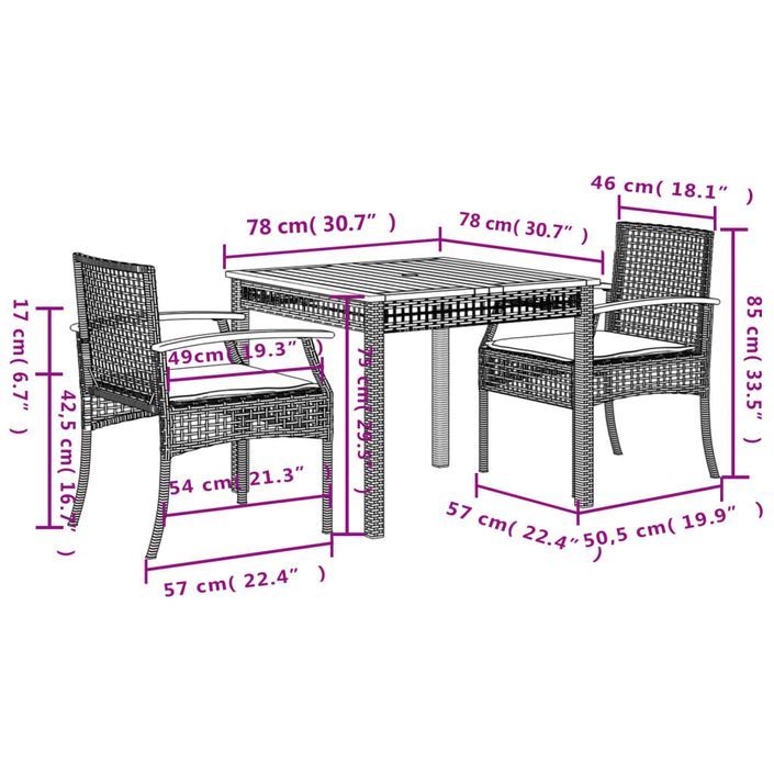 Ensemble à manger de jardin avec coussins 3 pcs Noir - Photo n°7