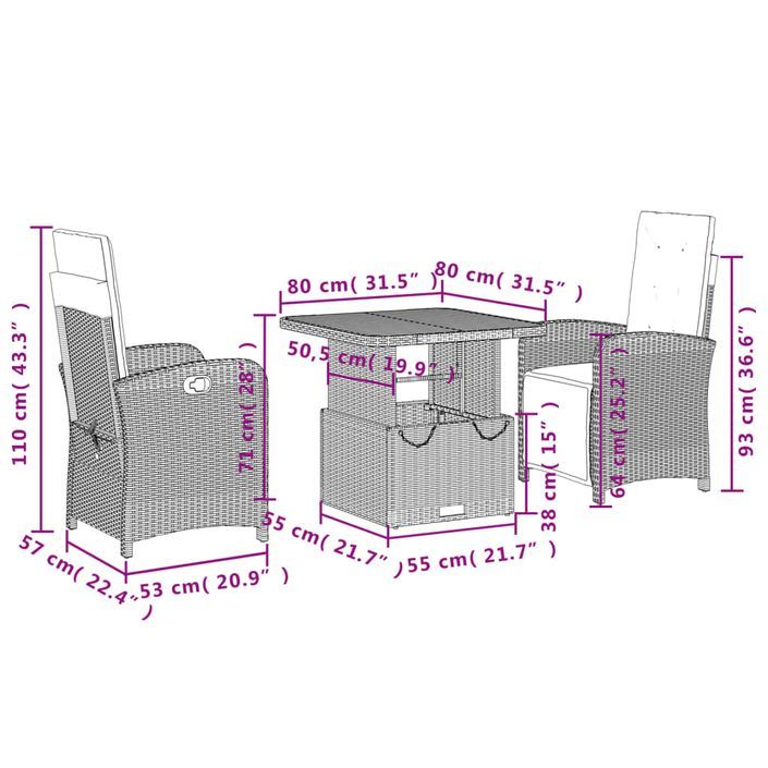 Ensemble à manger de jardin avec coussins 3 pcs Noir - Photo n°8