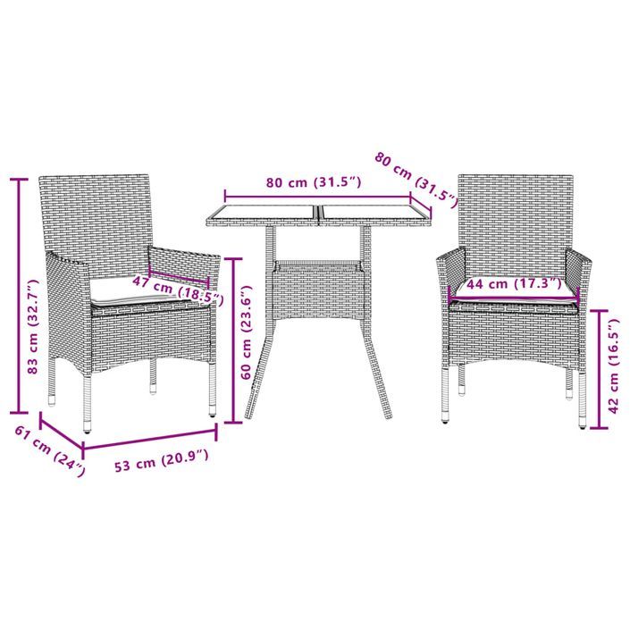 Ensemble à manger de jardin avec coussins 3 pcs rotin et verre - Photo n°7