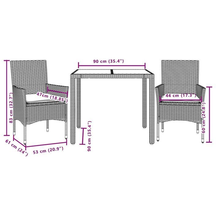 Ensemble à manger de jardin avec coussins 3 pcs rotin et verre - Photo n°7