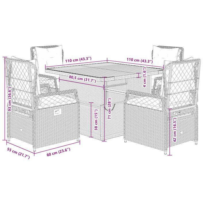 Ensemble à manger de jardin avec coussins 5pcs Beige poly rotin - Photo n°9