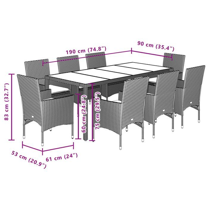 Ensemble à manger de jardin avec coussins 9 pcs rotin et verre - Photo n°7