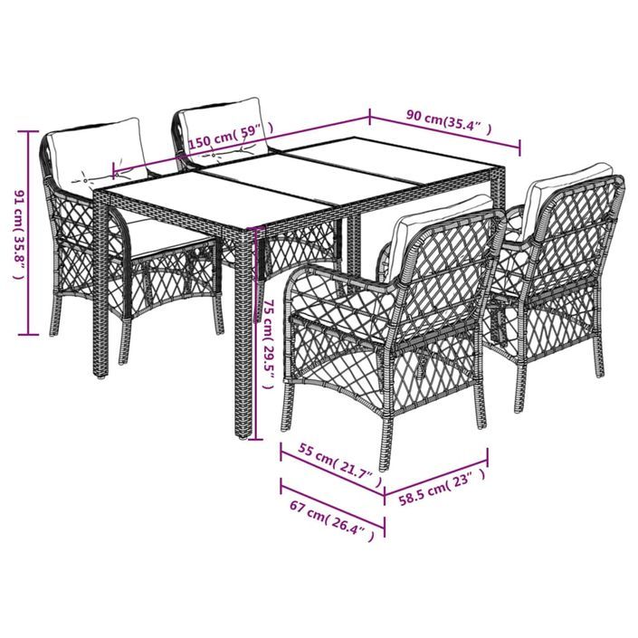 Ensemble à manger de jardin coussins 5pcs Noir Résine tressée - Photo n°6