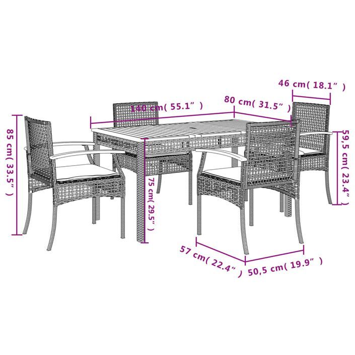 Ensemble à manger de jardin coussins 5pcs Noir Résine tressée - Photo n°8