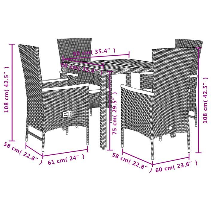 Ensemble à manger de jardin coussins 5pcs Noir Résine tressée - Photo n°5