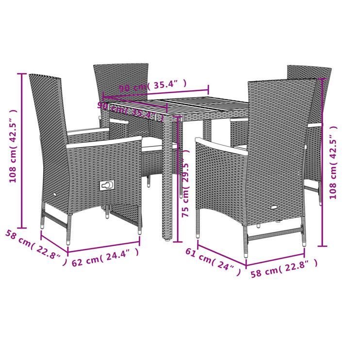 Ensemble à manger de jardin coussins 5pcs Noir Résine tressée - Photo n°5