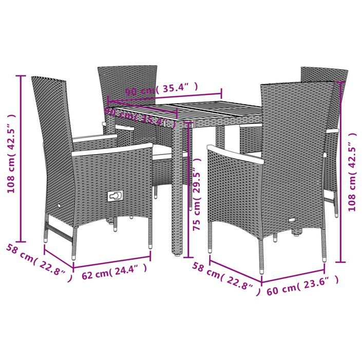 Ensemble à manger de jardin coussins 5pcs Noir Résine tressée - Photo n°5