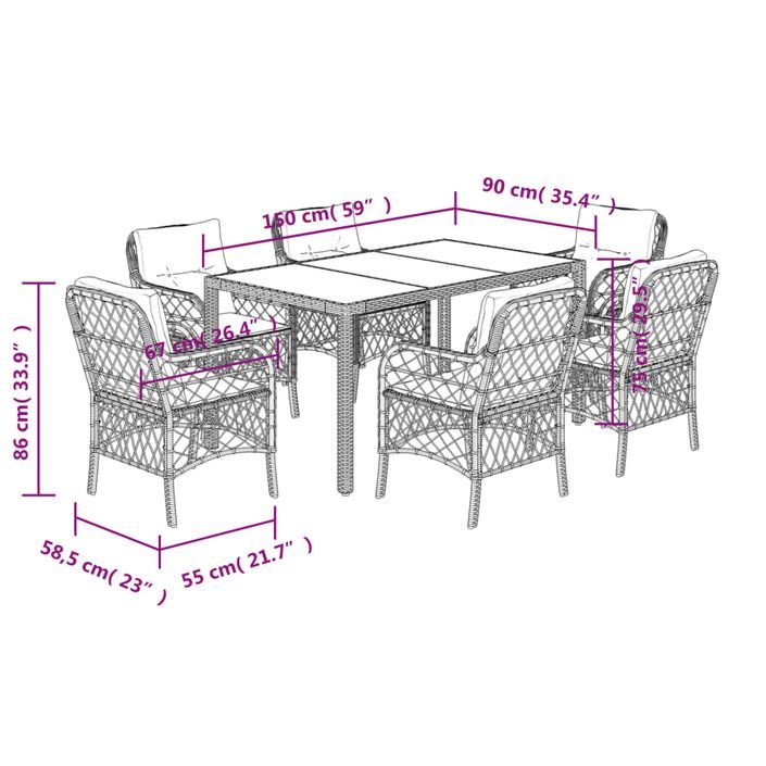 Ensemble à manger de jardin coussins 7pcs Noir Résine tressée - Photo n°7