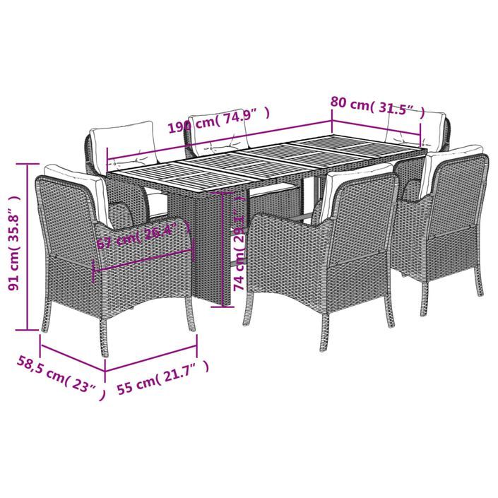 Ensemble à manger de jardin coussins 7pcs Noir Résine tressée - Photo n°7