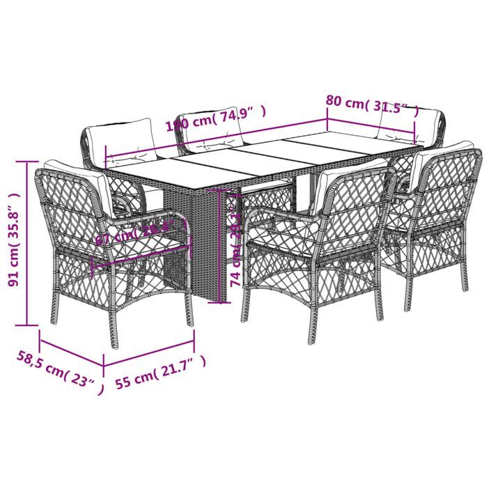 Ensemble à manger de jardin coussins 7pcs Noir Résine tressée - Photo n°7