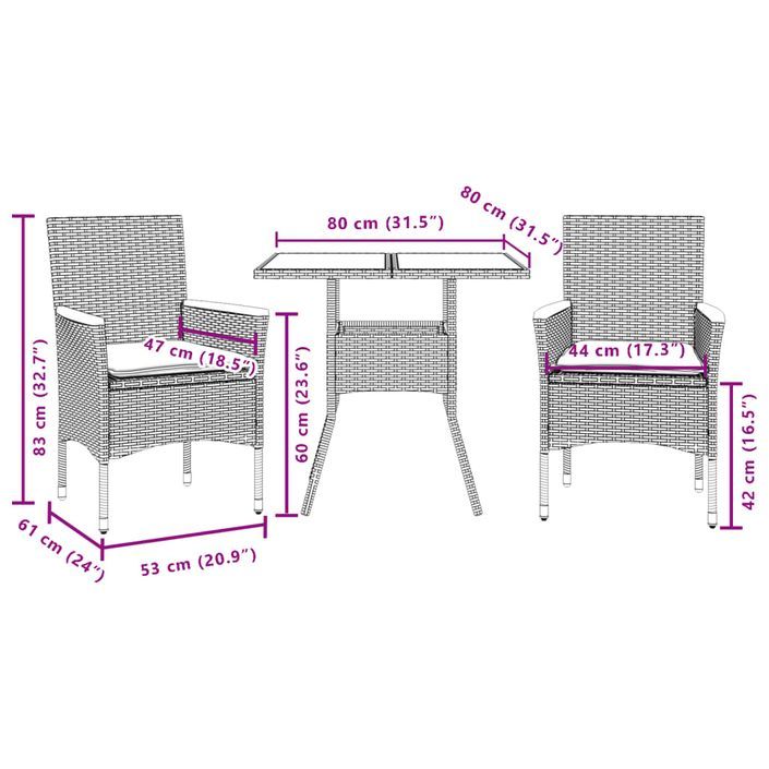 Ensemble à manger de jardin et coussins 3 pcs gris rotin acacia - Photo n°7