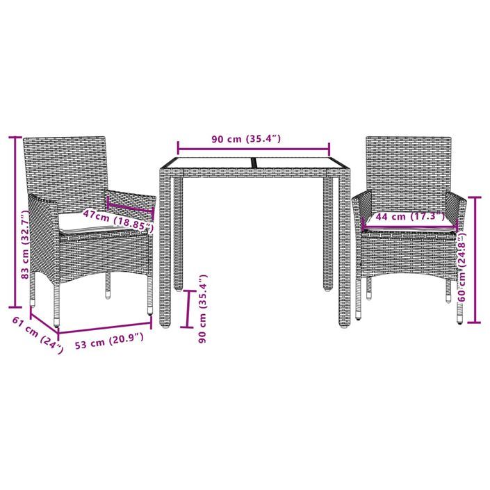 Ensemble à manger de jardin et coussins 3 pcs noir rotin verre - Photo n°7