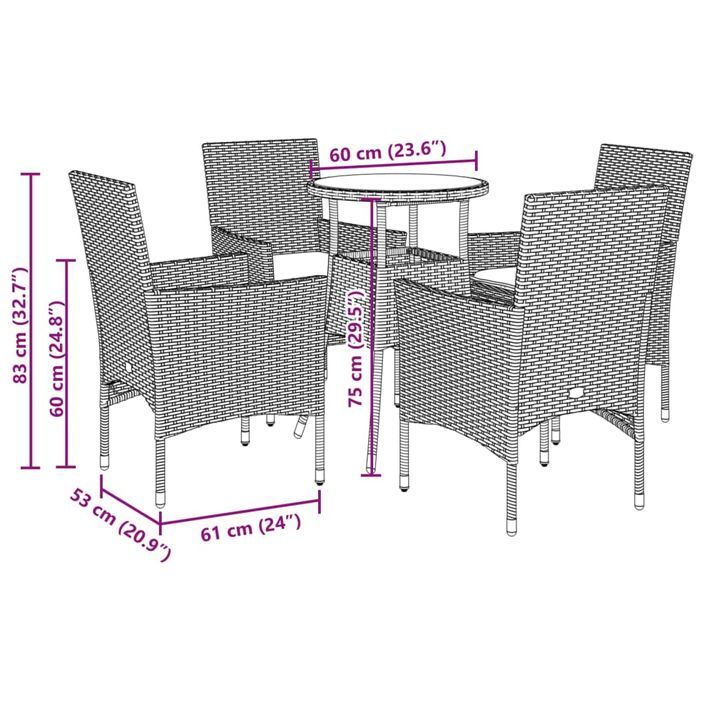 Ensemble à manger de jardin et coussins 5 pcs noir rotin verre - Photo n°7