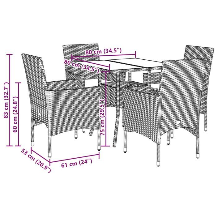 Ensemble à manger de jardin et coussins 5 pcs noir rotin verre - Photo n°7