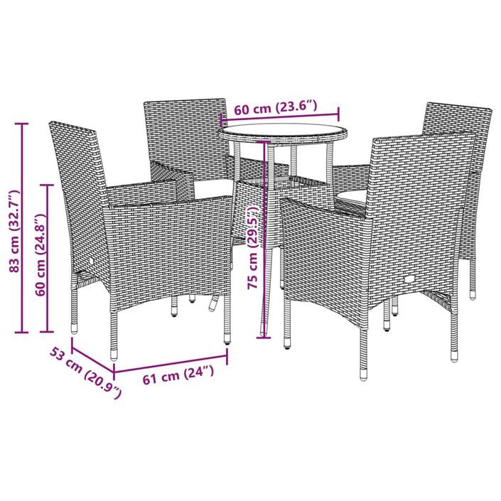 Ensemble à manger de jardin et coussins 5pcs marron rotin verre - Photo n°7