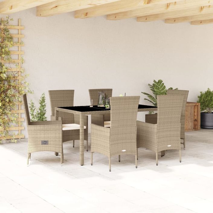 Ensemble à manger de jardin et coussins 7 pcs beige poly rotin - Photo n°2