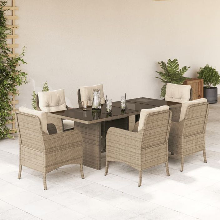 Ensemble à manger de jardin et coussins 7 pcs beige poly rotin - Photo n°2