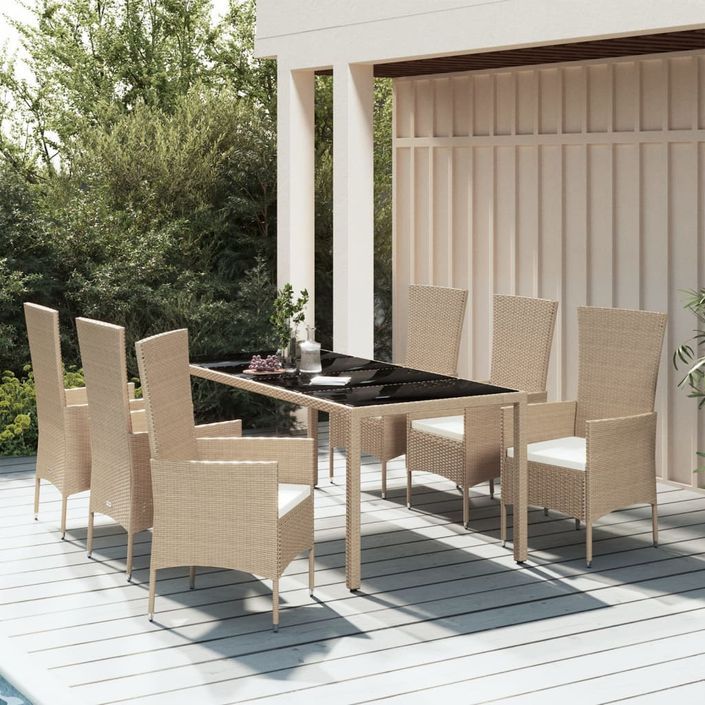 Ensemble à manger de jardin et coussins 7 pcs beige poly rotin - Photo n°2