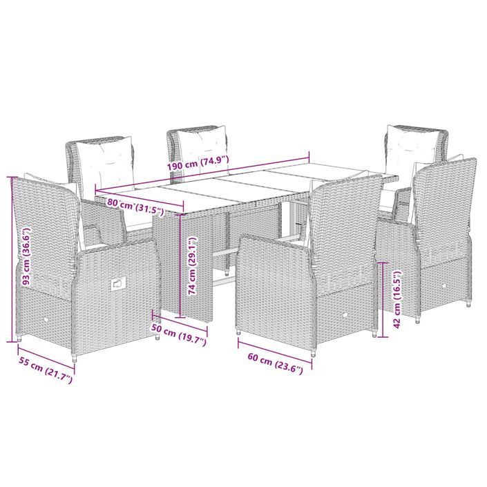 Ensemble à manger de jardin et coussins 7 pcs beige poly rotin - Photo n°8