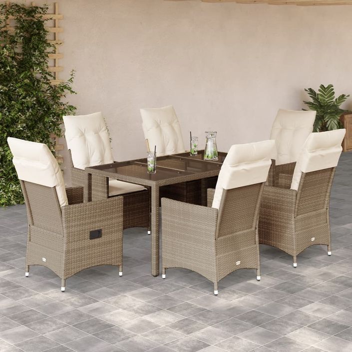 Ensemble à manger de jardin et coussins 7 pcs beige poly rotin - Photo n°1