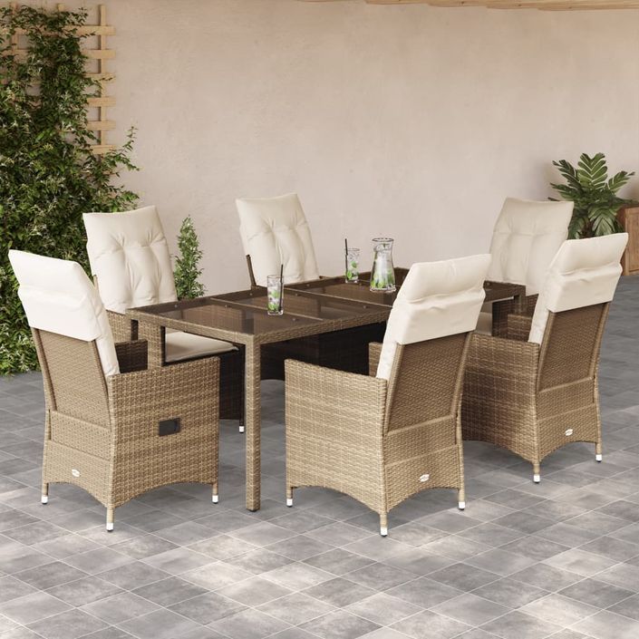 Ensemble à manger de jardin et coussins 7 pcs beige poly rotin - Photo n°1