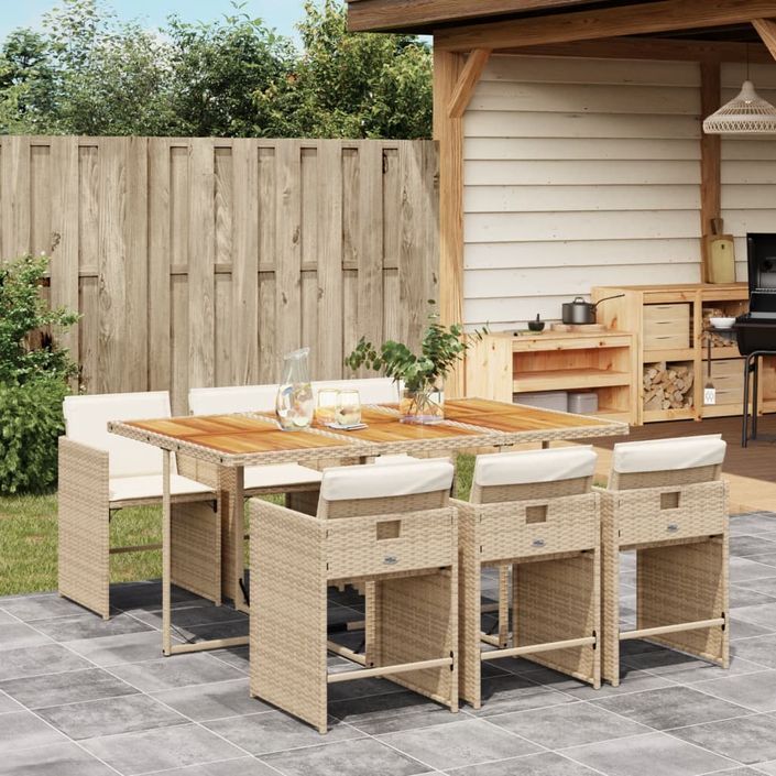 Ensemble à manger de jardin et coussins 7 pcs beige poly rotin - Photo n°1