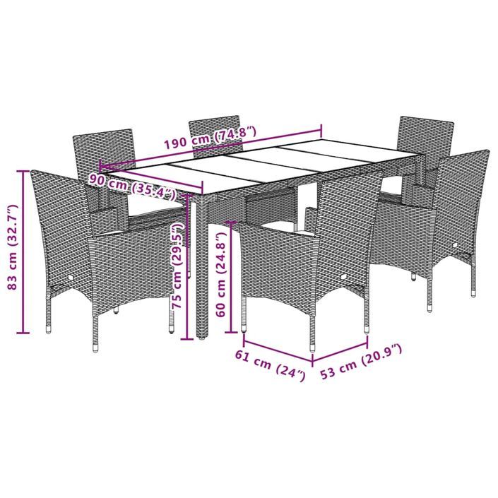 Ensemble à manger de jardin et coussins 7 pcs beige rotin verre - Photo n°7