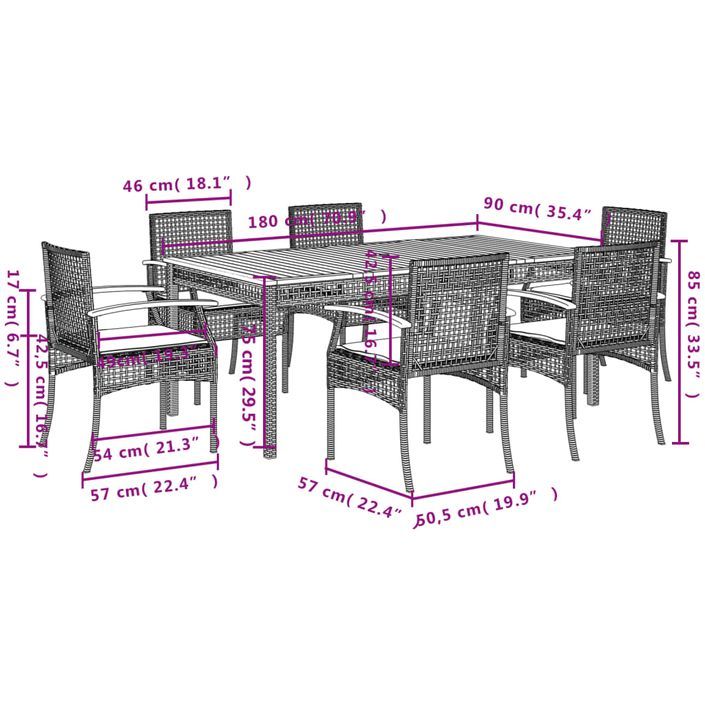 Ensemble à manger de jardin et coussins 7 pcs gris rotin - Photo n°6