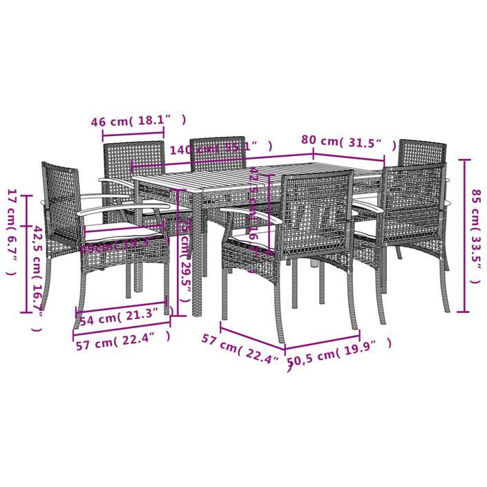 Ensemble à manger de jardin et coussins 7 pcs gris rotin - Photo n°7