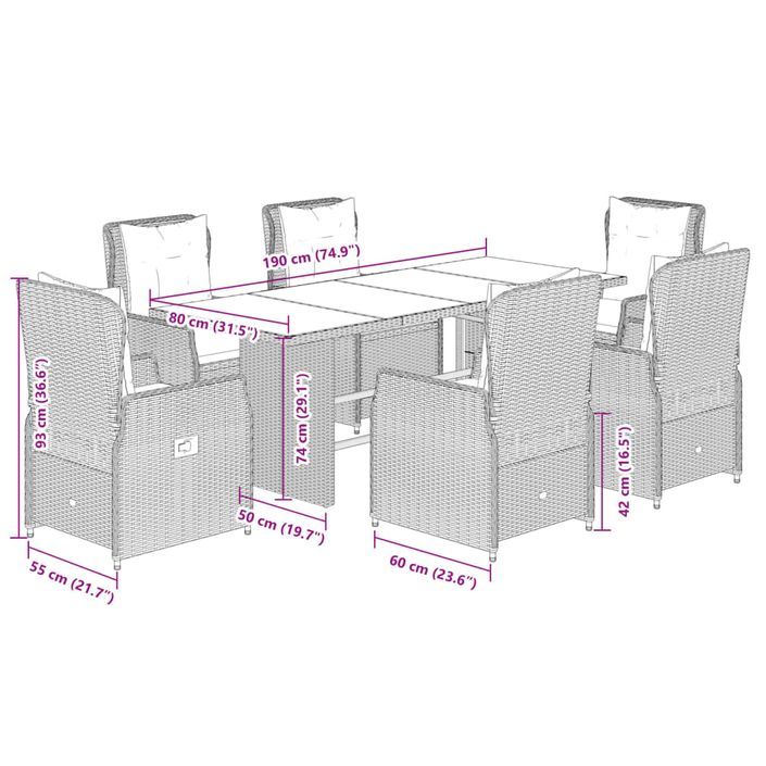 Ensemble à manger de jardin et coussins 7 pcs gris rotin - Photo n°8