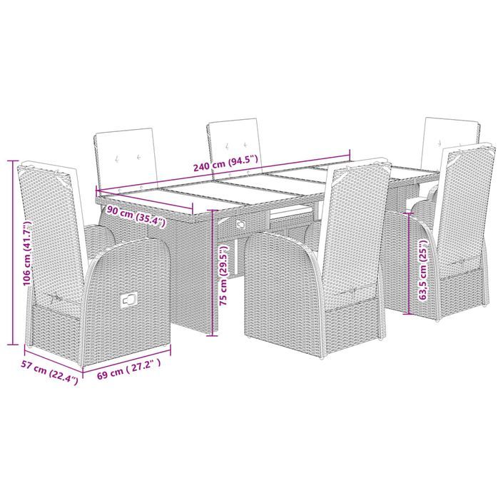 Ensemble à manger de jardin et coussins 7 pcs gris rotin - Photo n°7