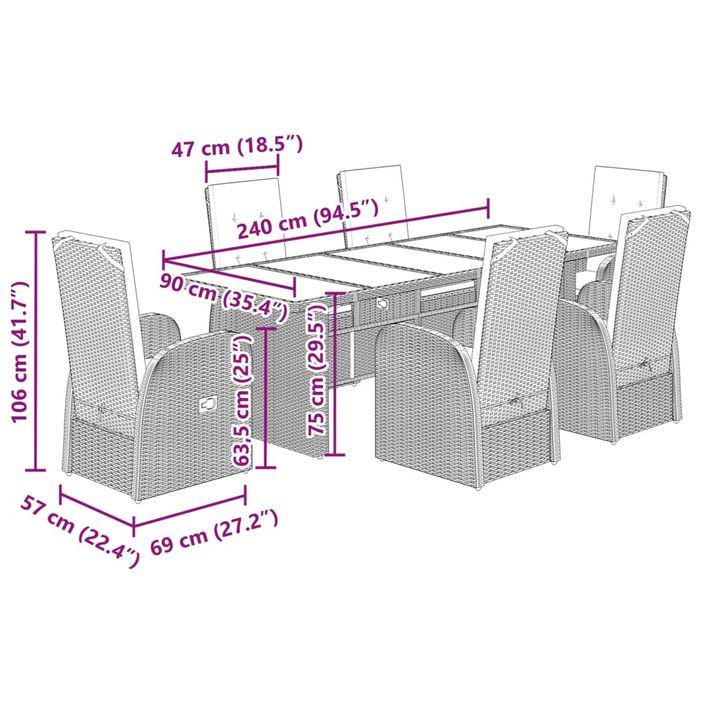 Ensemble à manger de jardin et coussins 7 pcs gris rotin - Photo n°8