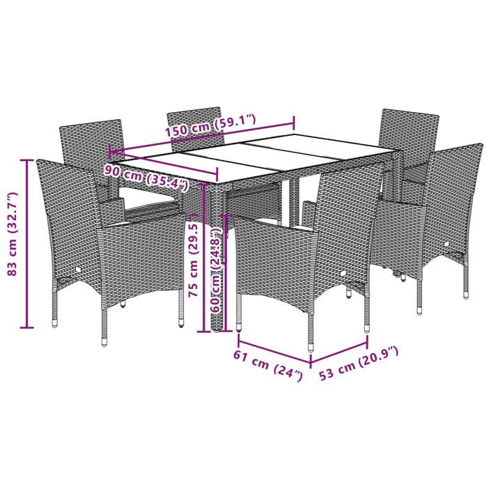 Ensemble à manger de jardin et coussins 7 pcs gris rotin verre - Photo n°7