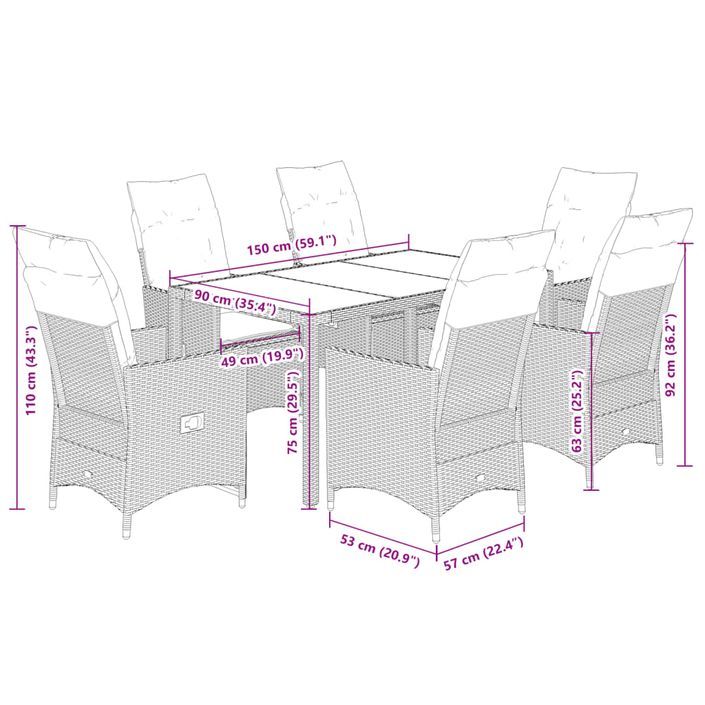 Ensemble à manger de jardin et coussins 7 pcs marron rotin - Photo n°9