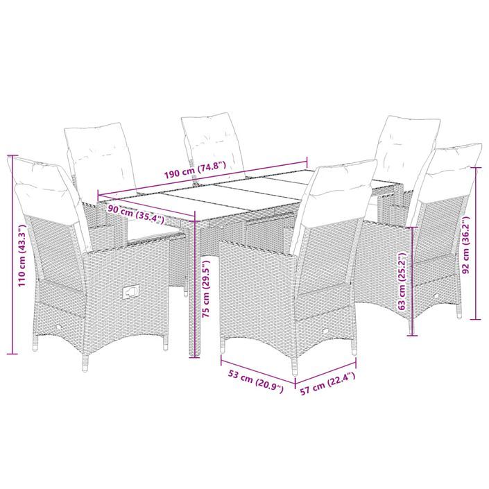 Ensemble à manger de jardin et coussins 7 pcs marron rotin - Photo n°7