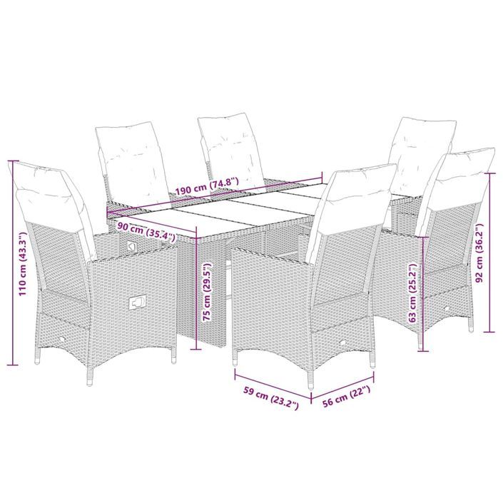 Ensemble à manger de jardin et coussins 7 pcs marron rotin - Photo n°7