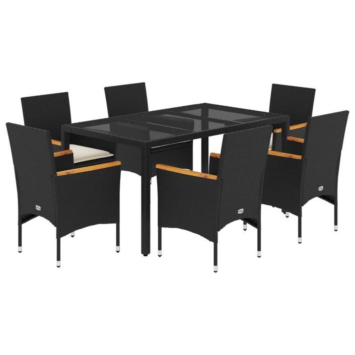 Ensemble à manger de jardin et coussins 7 pcs noir rotin acacia - Photo n°1