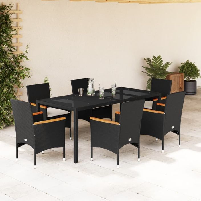 Ensemble à manger de jardin et coussins 7 pcs noir rotin acacia - Photo n°2