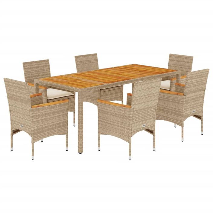 Ensemble à manger de jardin et coussins 7pcs beige rotin acacia - Photo n°1