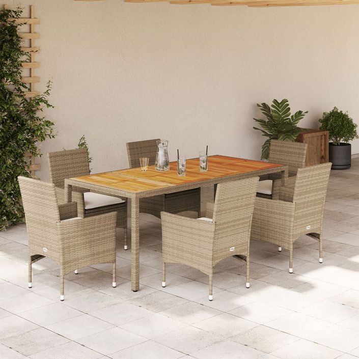 Ensemble à manger de jardin et coussins 7pcs beige rotin acacia - Photo n°2