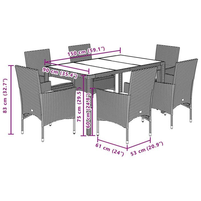 Ensemble à manger de jardin et coussins 7pcs marron rotin verre - Photo n°7